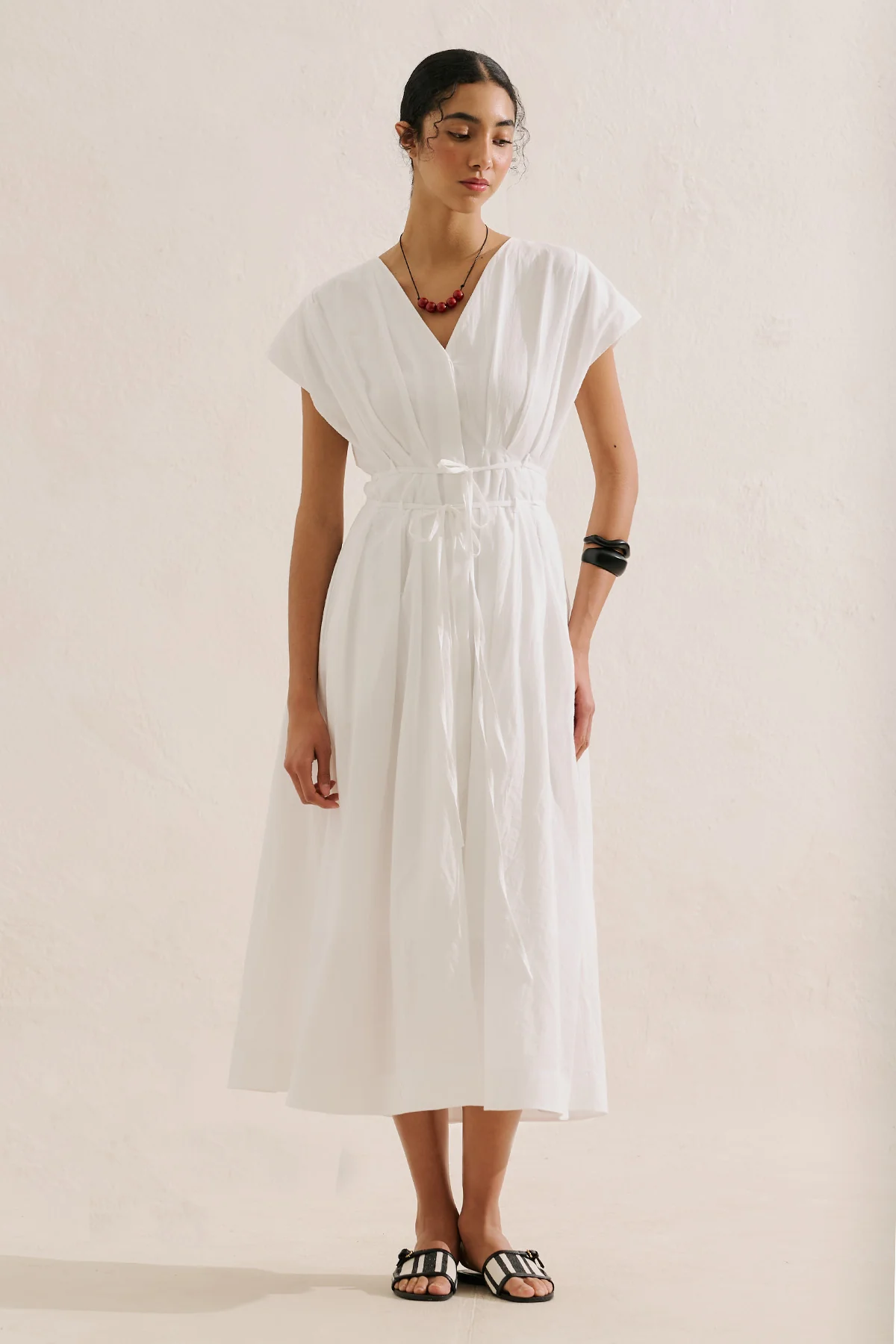Pleated Dress With Belt Detail Ecru - Image 5