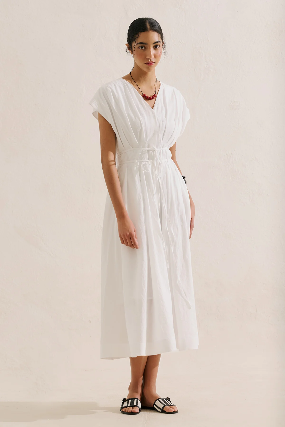 Pleated Dress With Belt Detail Ecru - Image 6