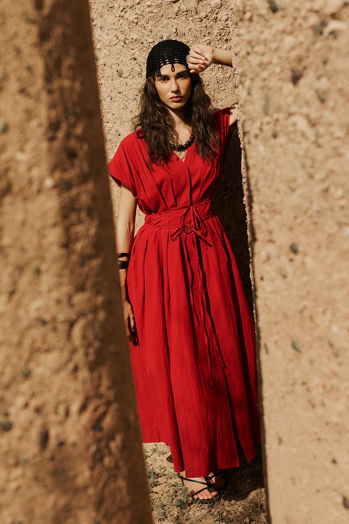 Pleated Dress With Belt Detail Red - Image 2