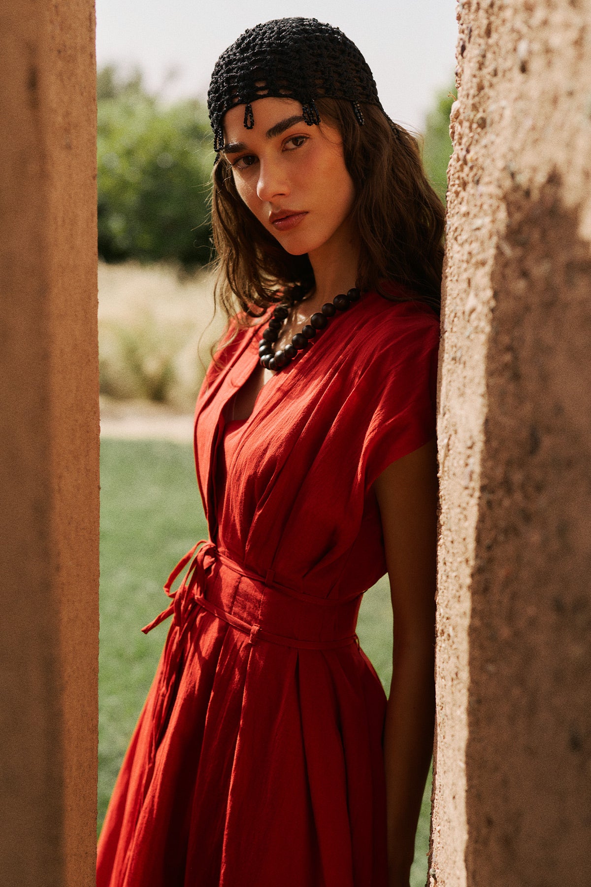 Pleated Dress With Belt Detail Red - Image 3