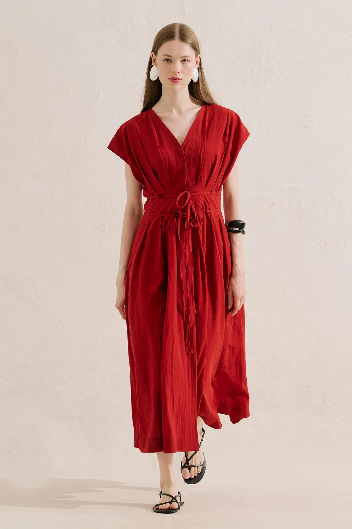 Pleated Dress With Belt Detail Red - Image 4