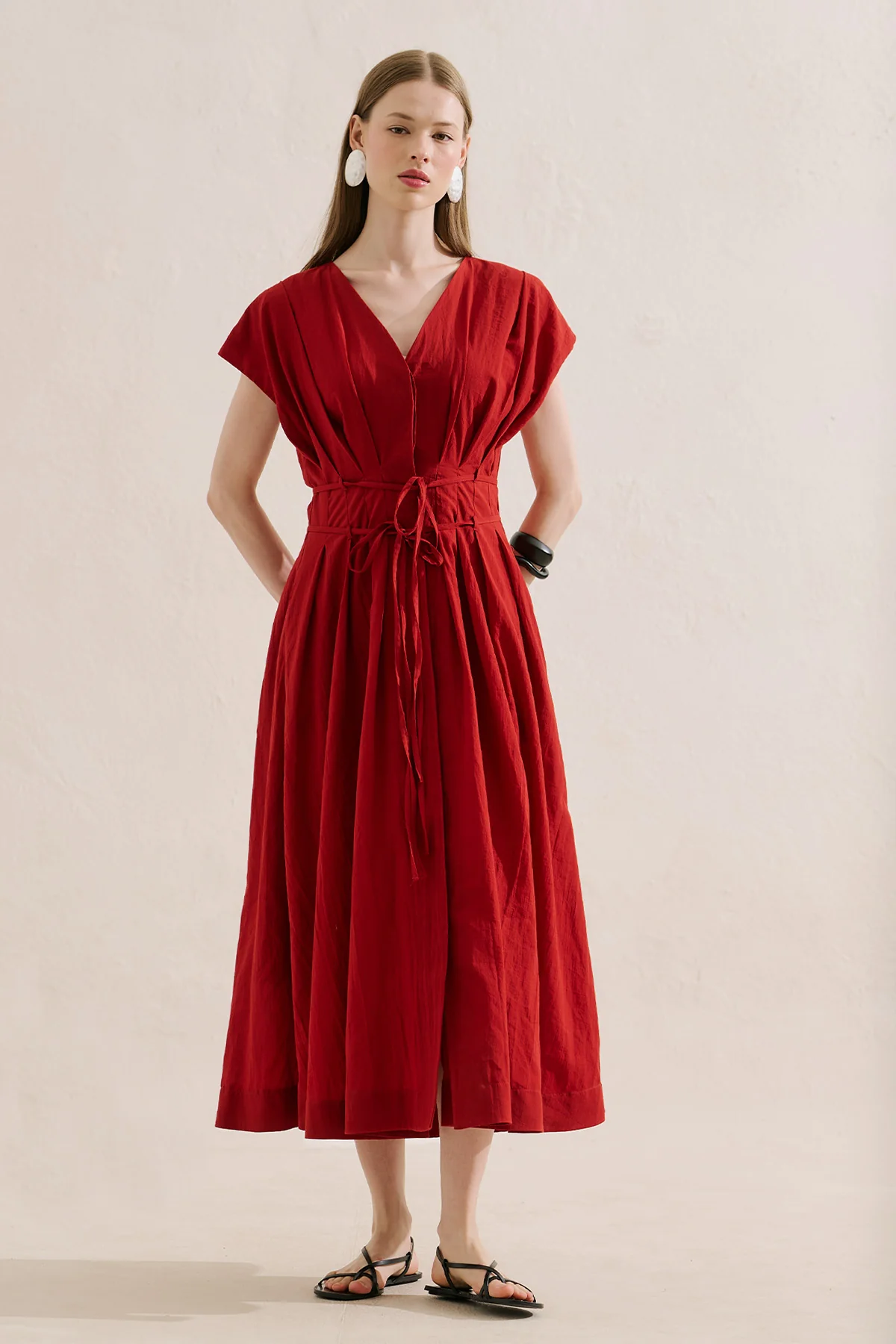 Pleated Dress With Belt Detail Red - Image 5