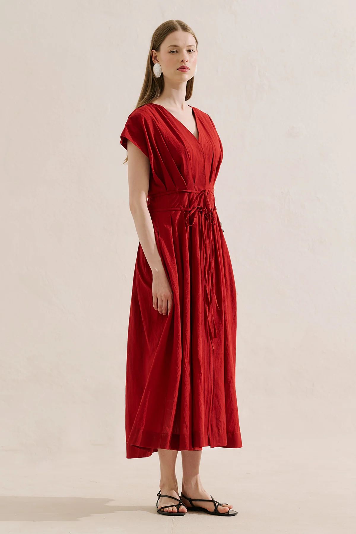 Pleated Dress With Belt Detail Red - Image 6