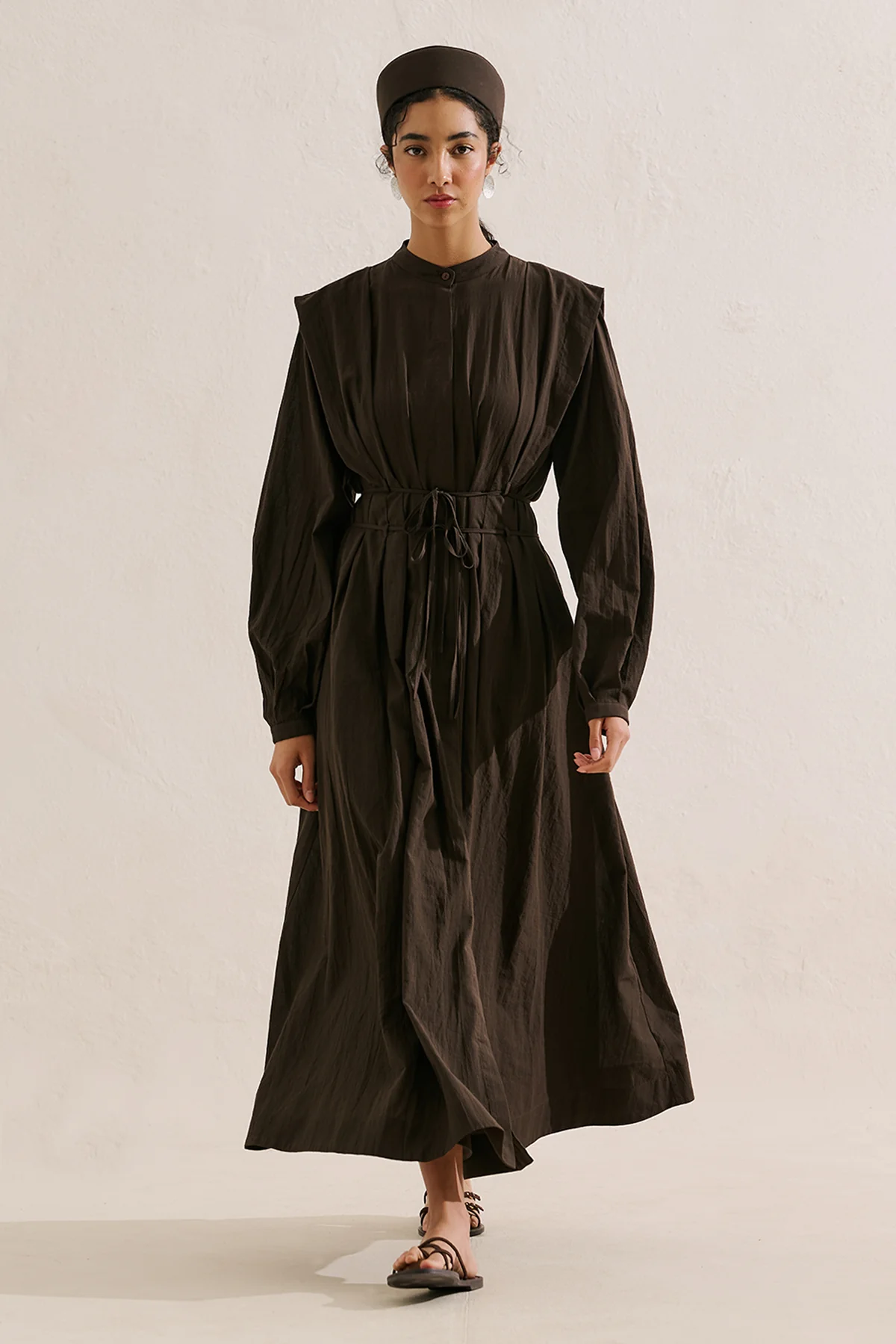Long Sleeve Pleated Dress With Belt Detail Dark Brown - Image 2