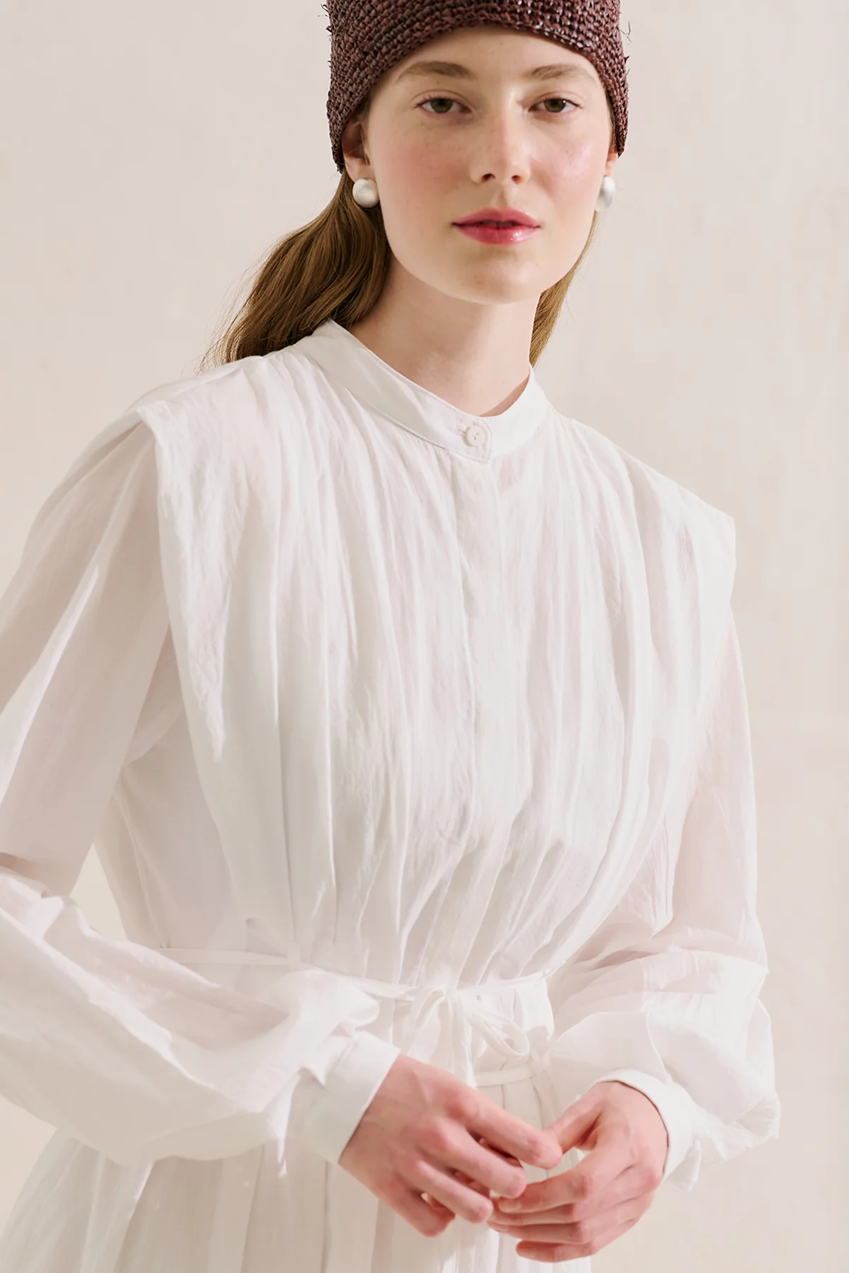 Long Sleeve Pleated Dress With Belt Detail Ecru - Image 5