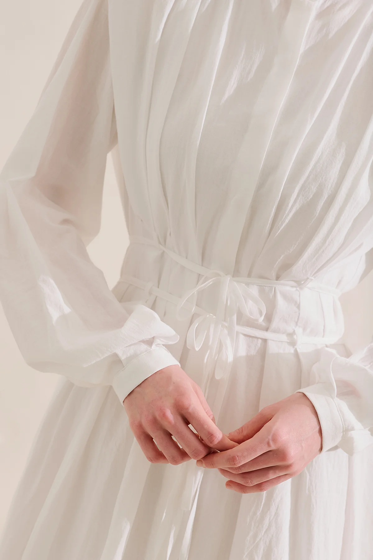 Long Sleeve Pleated Dress With Belt Detail Ecru - Image 6