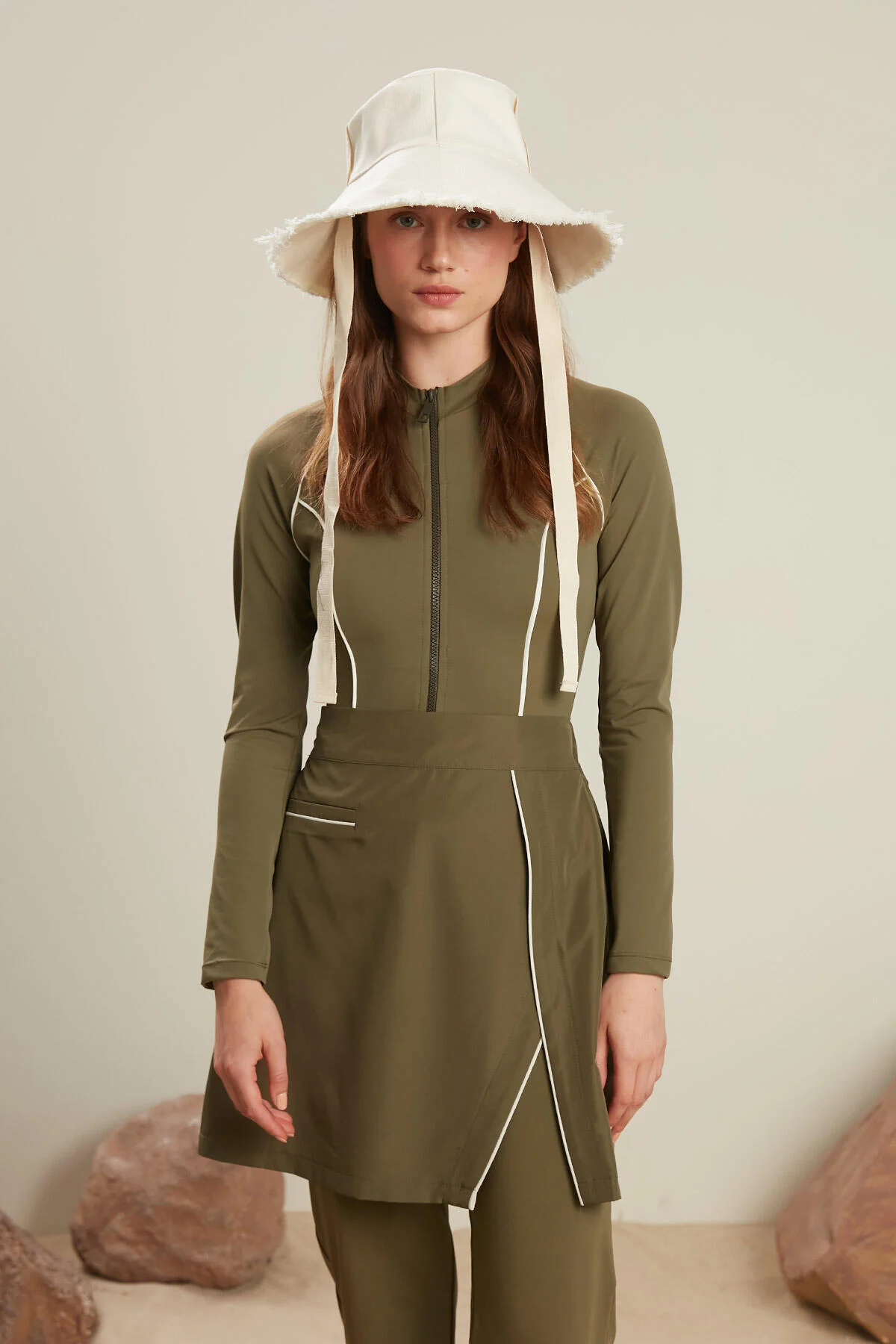 Piping Detail Modest Swim Skirt Khaki - Image 3