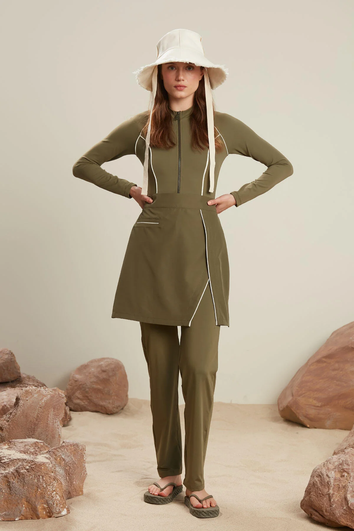 Piping Detail Modest Swim Skirt Khaki - Image 4
