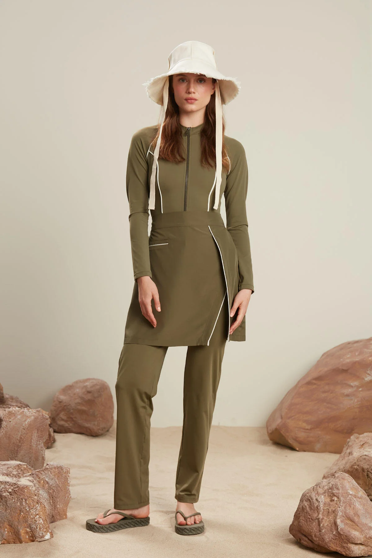 Piping Detail Modest Swim Skirt Khaki - Image 5