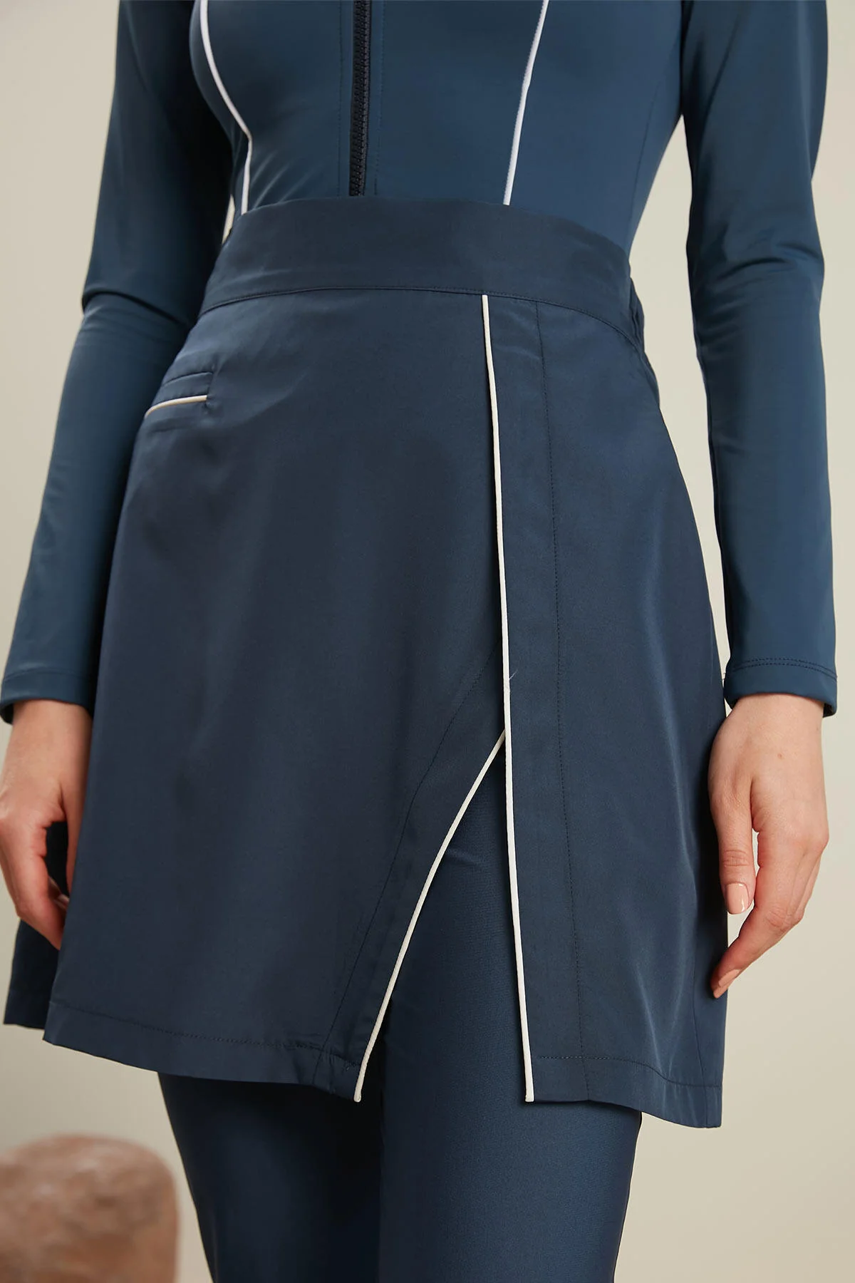 Piping Detail Modest Swim Skirt Navy Blue - Image 6