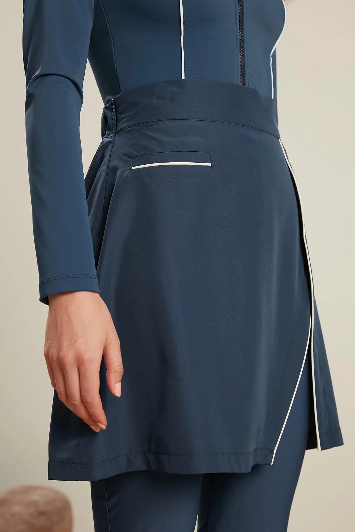 Piping Detail Modest Swim Skirt Navy Blue - Image 7