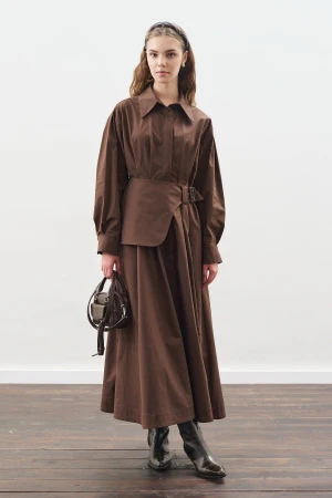 Pleated Belted Dress Brown - Image 2
