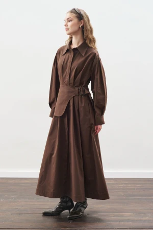 Pleated Belted Dress Brown - Image 5