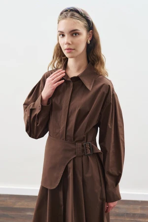 Pleated Belted Dress Brown - Image 6