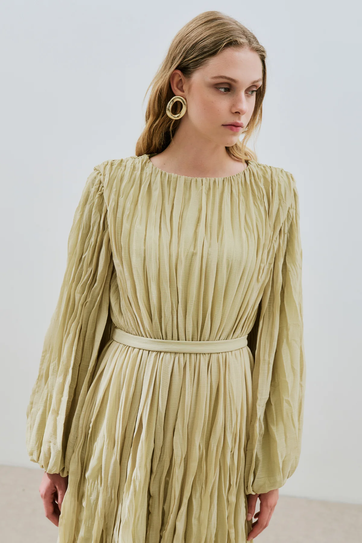 Pleated Chiffon Dress Sage Green - Image 3