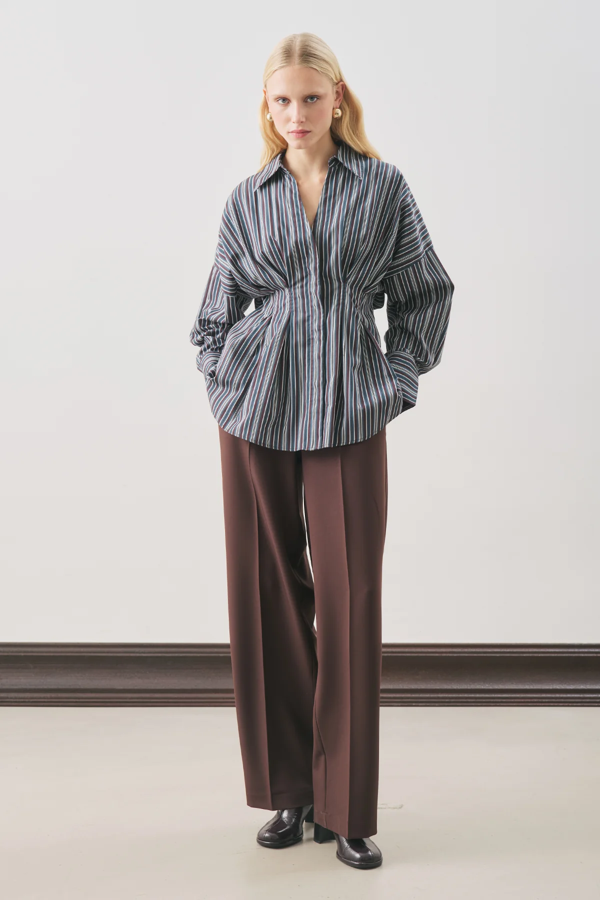 Pleated Detail Shirt Brown Striped - Image 3
