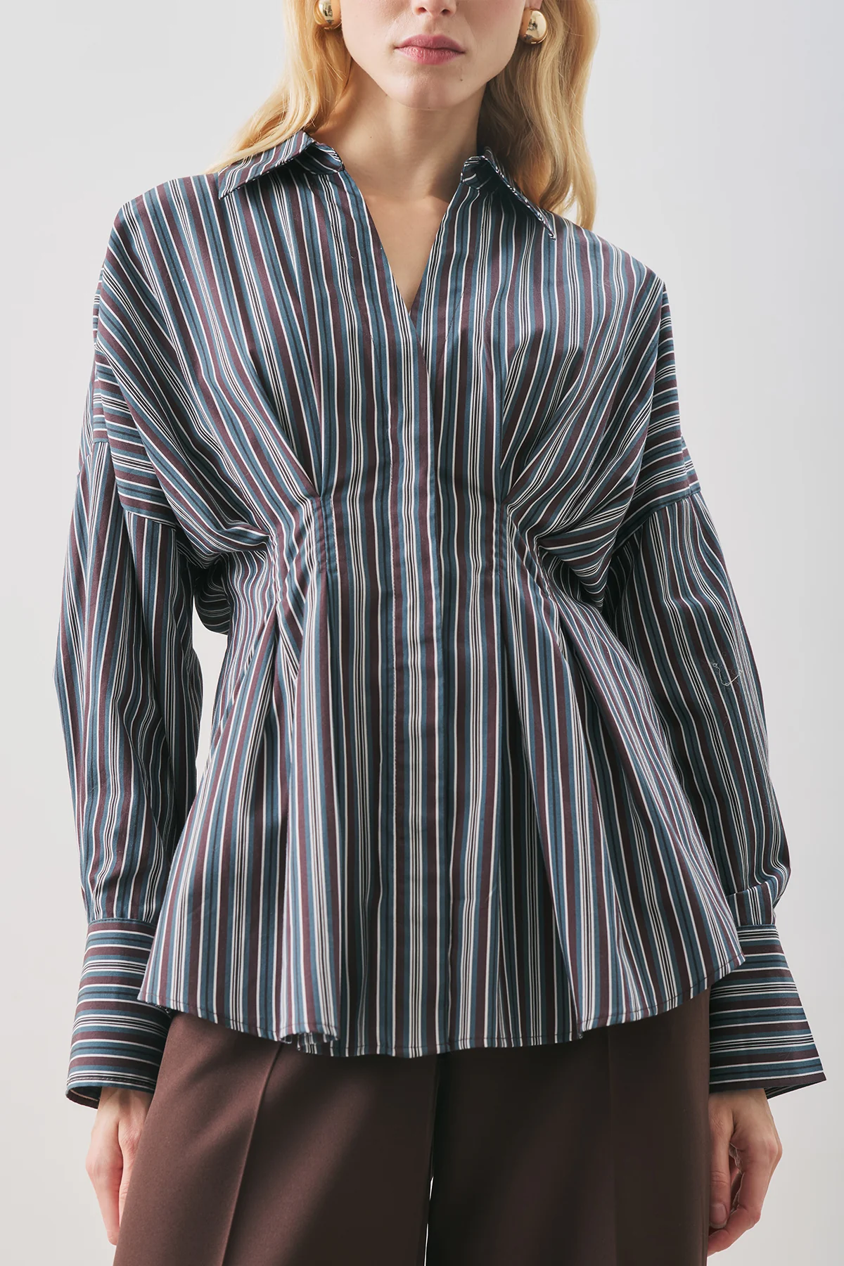 Pleated Detail Shirt Brown Striped - Image 5