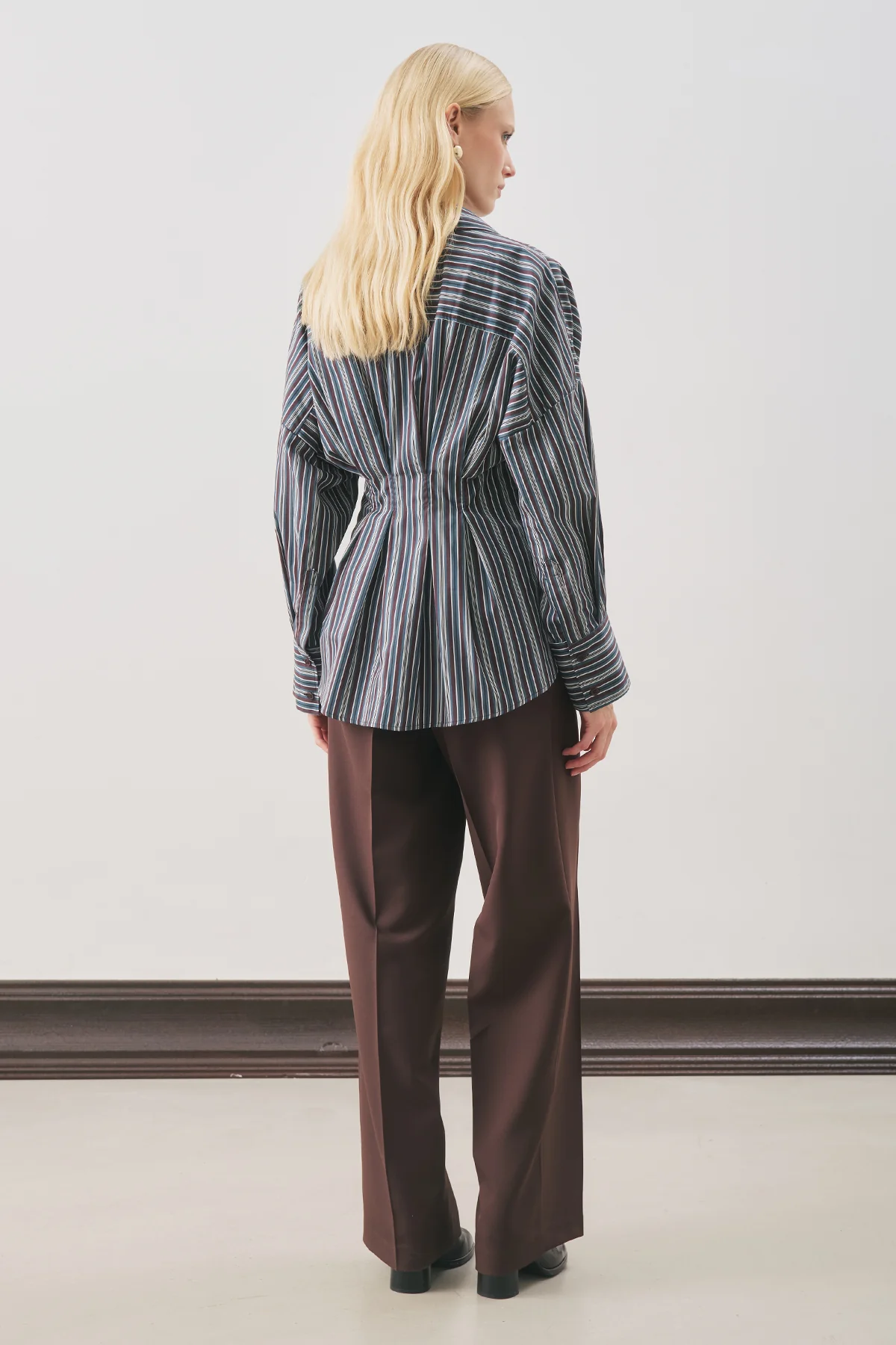 Pleated Detail Shirt Brown Striped - Image 6