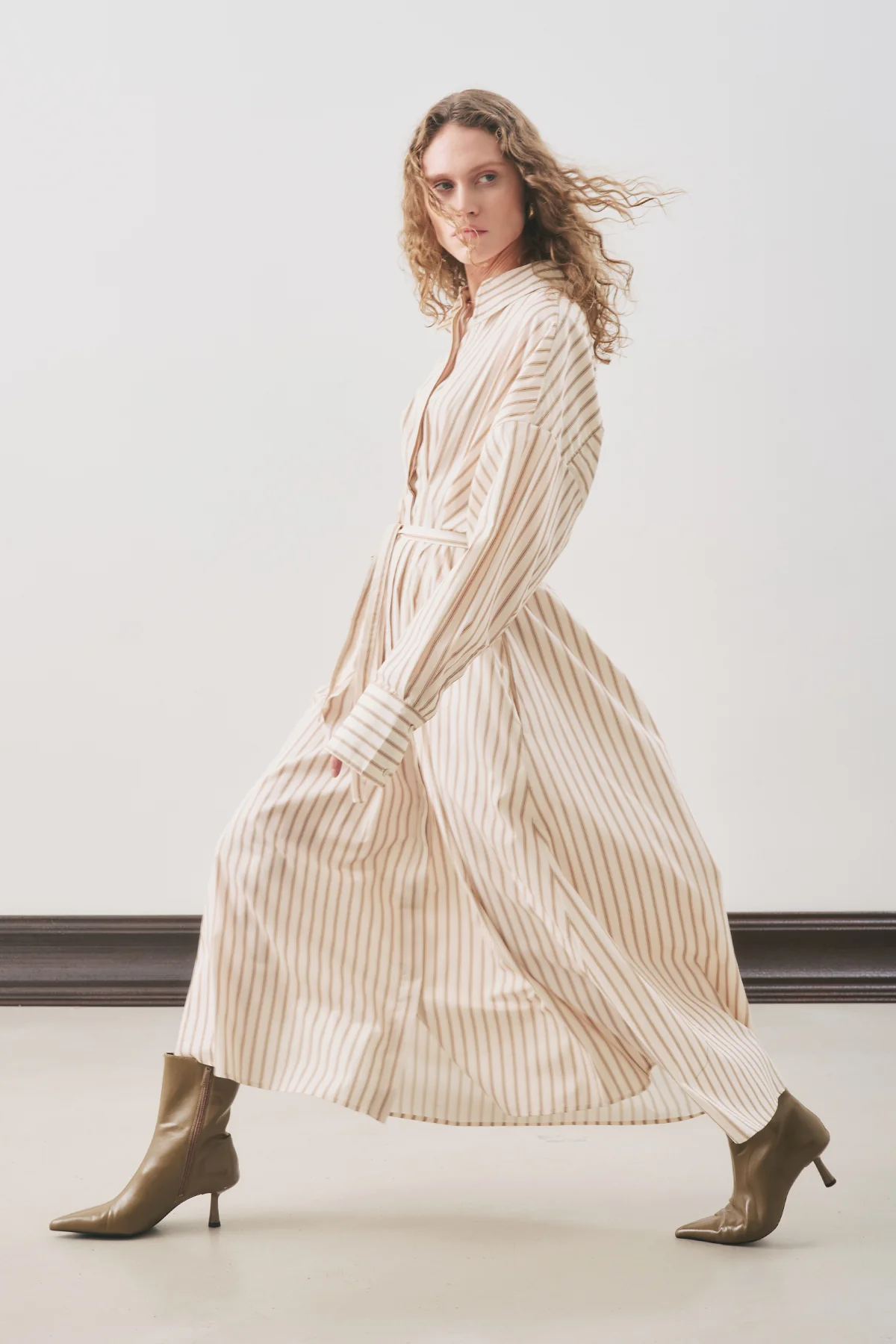 Pleated Detail Shirt Dress Beige Stripe - Image 2