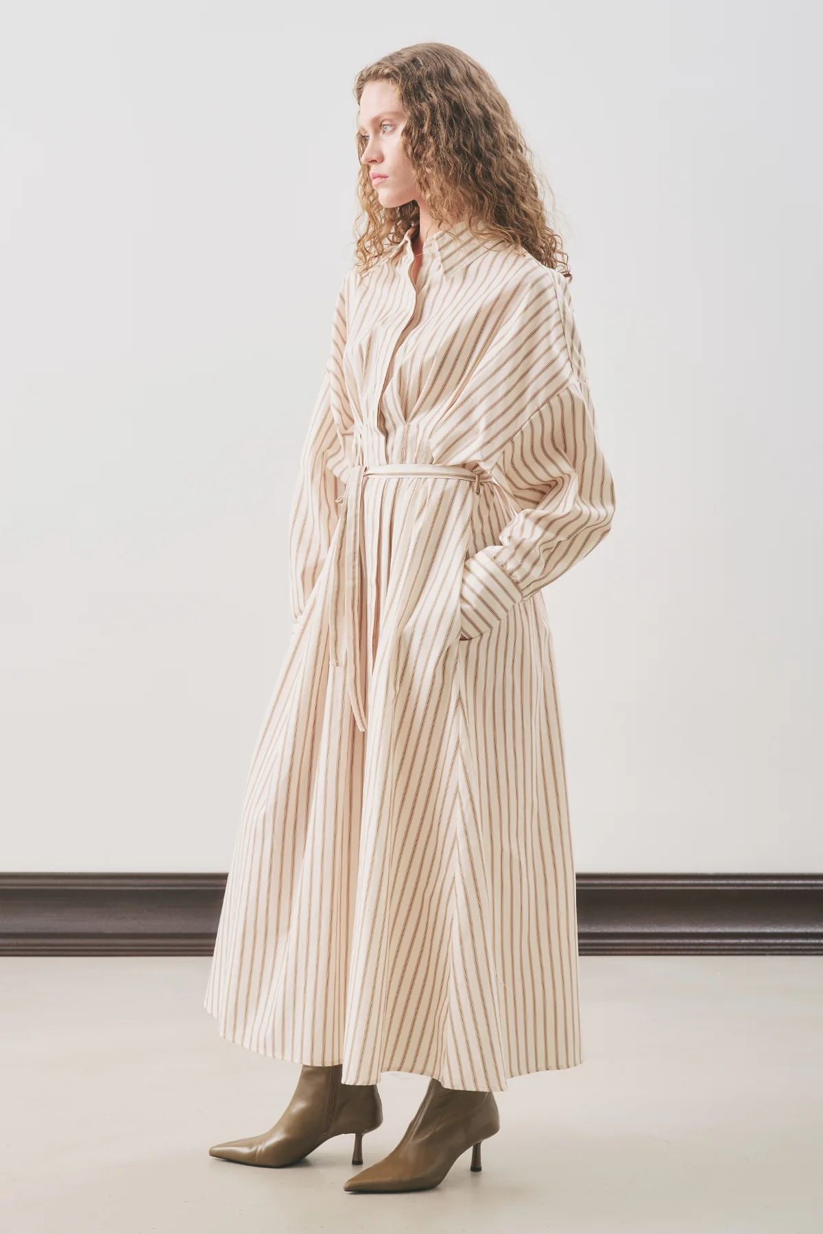 Pleated Detail Shirt Dress Beige Stripe - Image 4