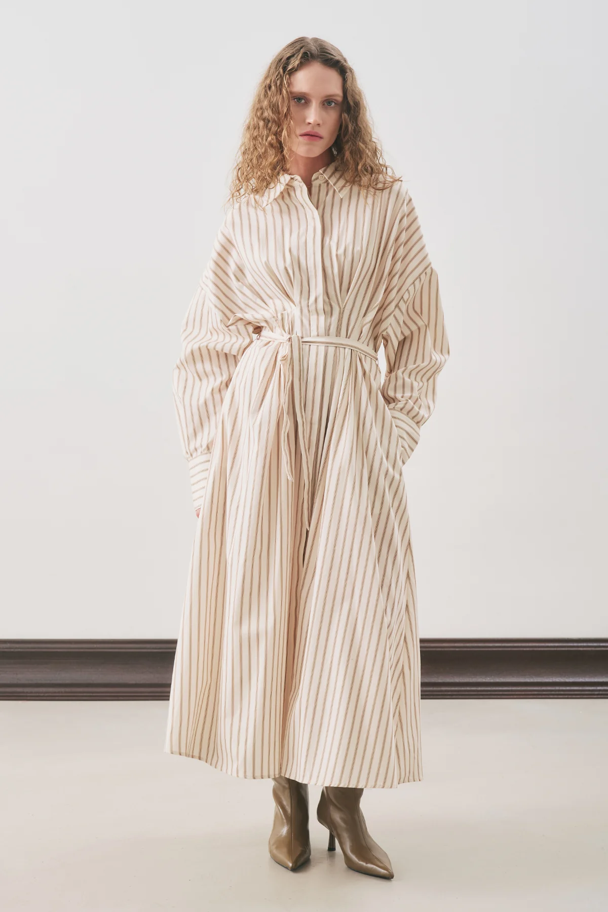 Pleated Detail Shirt Dress Beige Stripe - Image 5