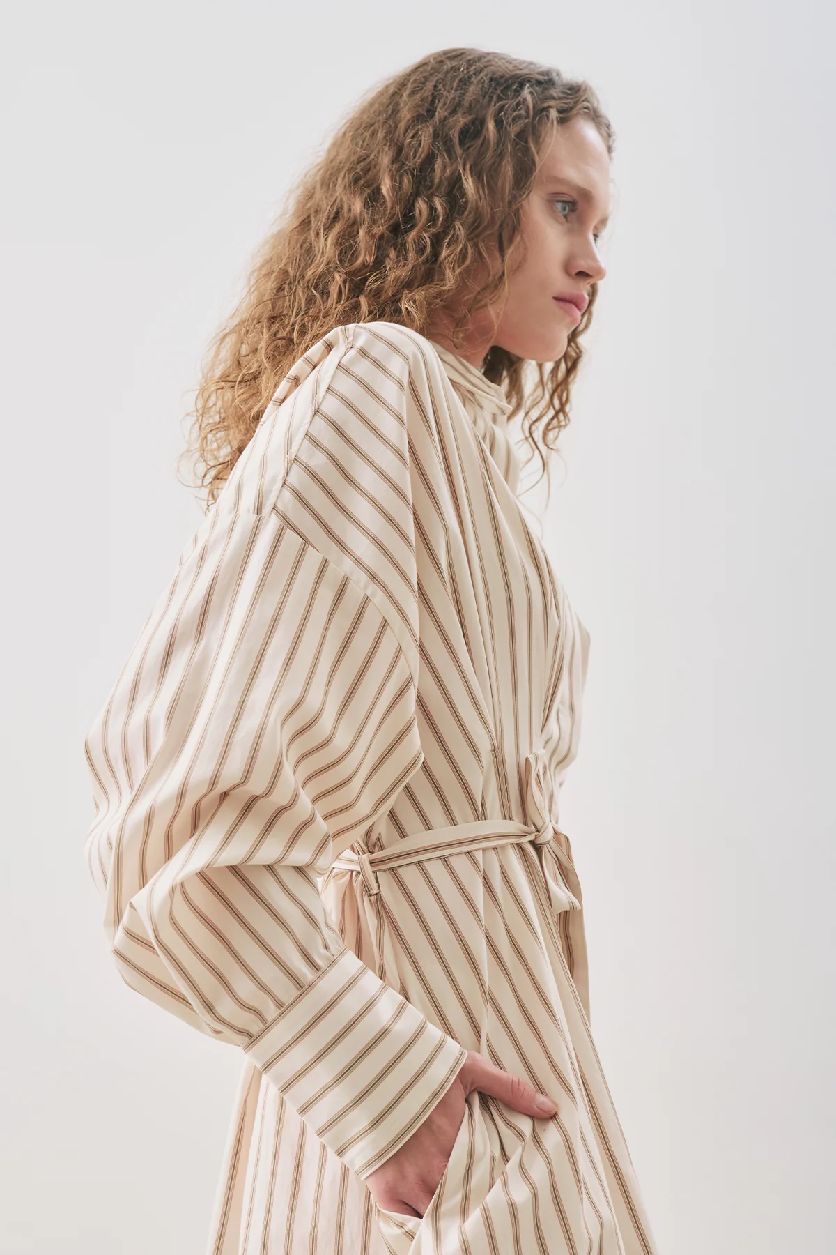 Pleated Detail Shirt Dress Beige Stripe - Image 6