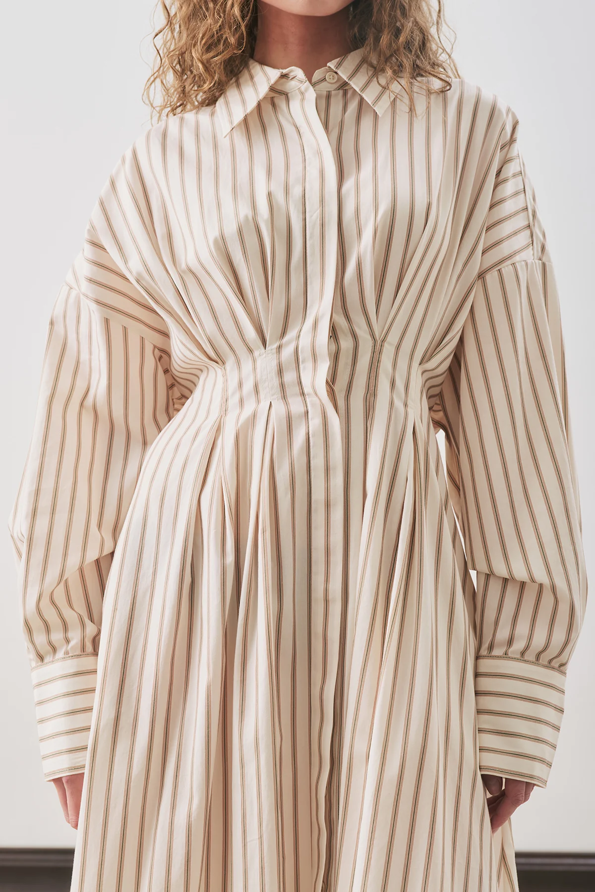 Pleated Detail Shirt Dress Beige Stripe - Image 7