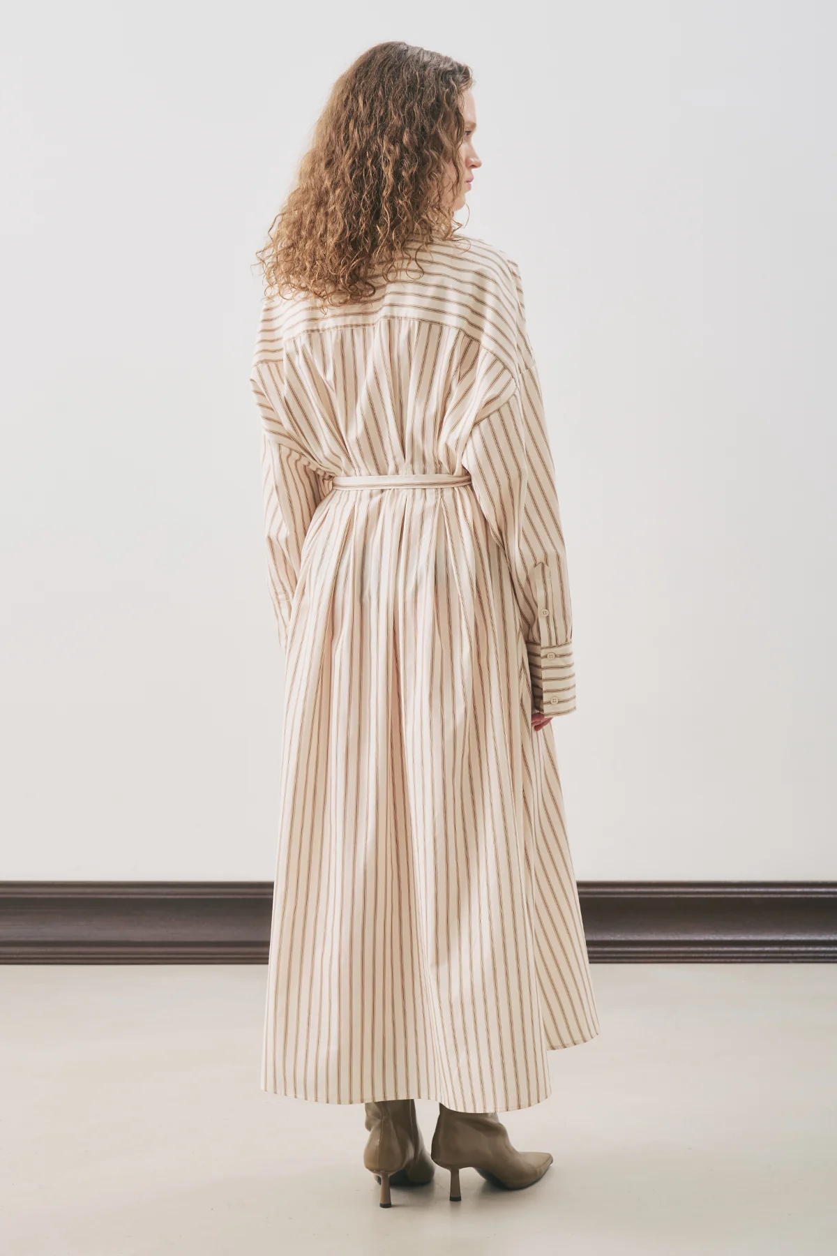 Pleated Detail Shirt Dress Beige Stripe - Image 8