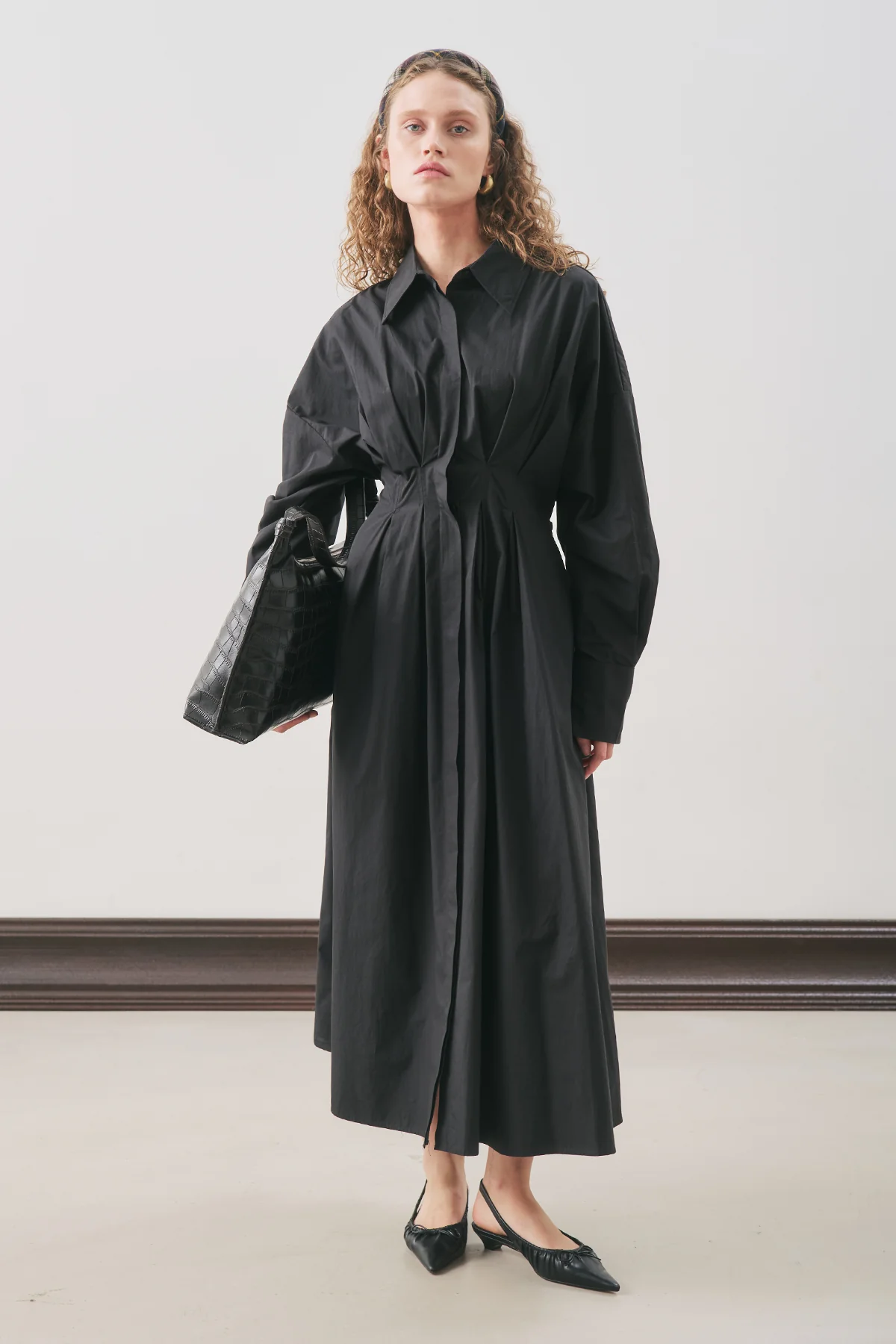 Pleated Detail Shirt Dress Black