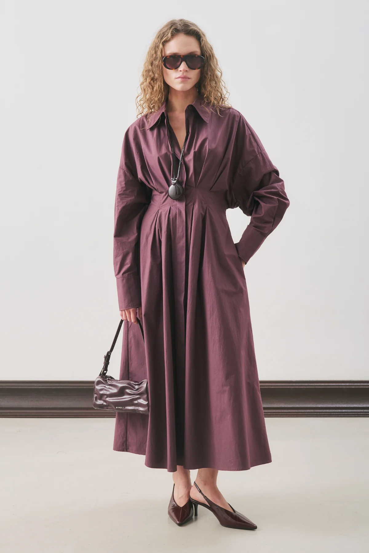Pleated Detail Shirt Dress Damson - Image 2