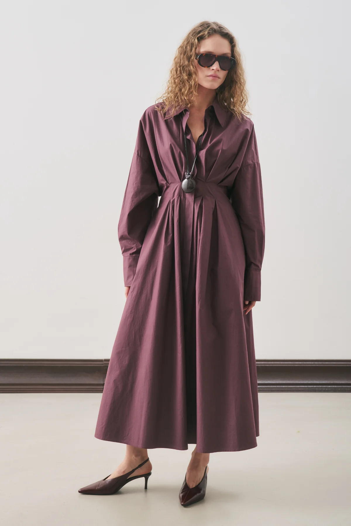 Pleated Detail Shirt Dress Damson - Image 3