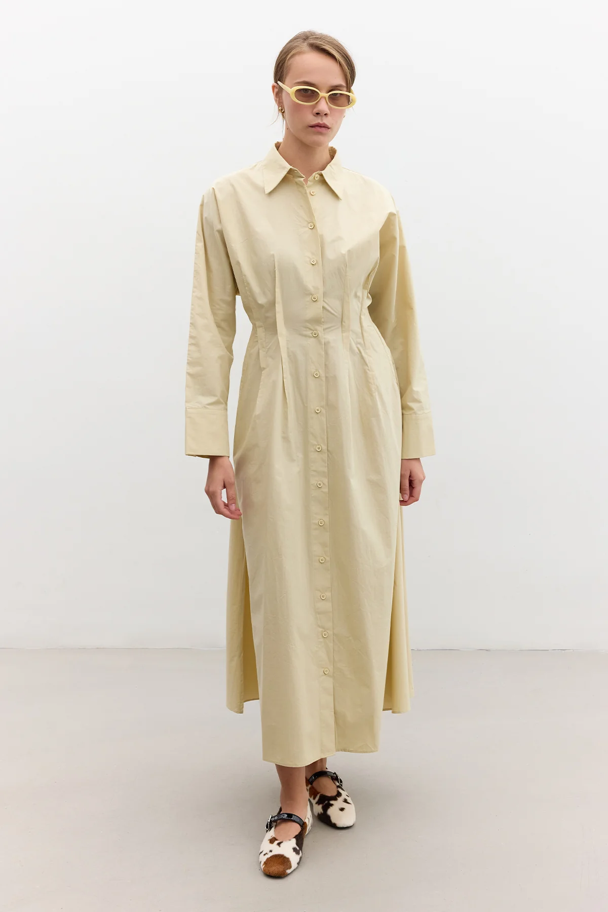 Pleated Detail Shirt Dress Yellow