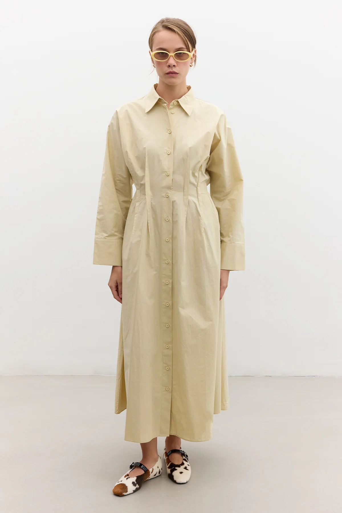 Pleated Detail Shirt Dress Yellow - Image 3