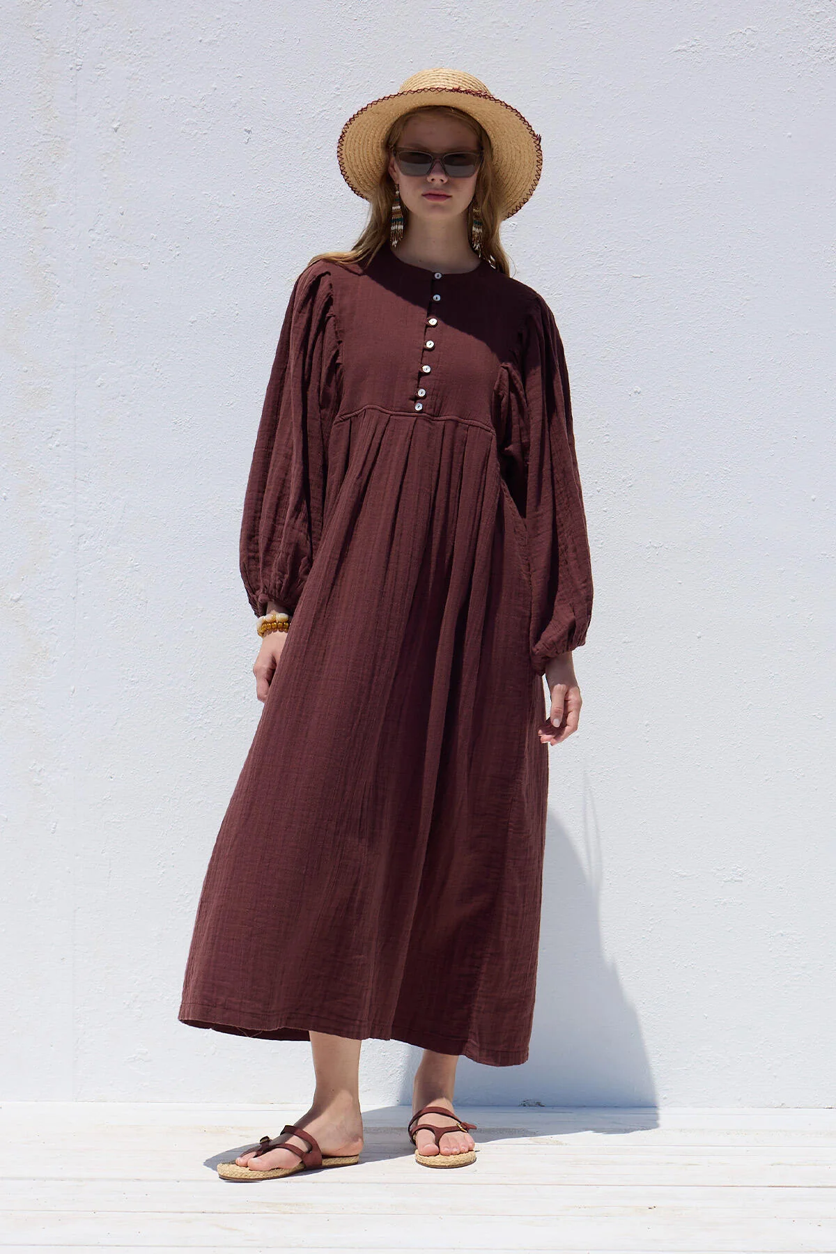 Pleated Muslin Dress Burgundy - Image 2