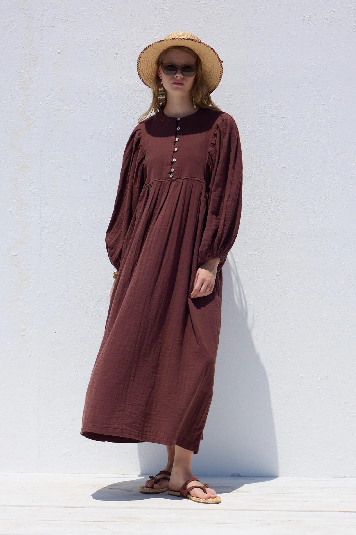 Pleated Muslin Dress Burgundy - Image 3
