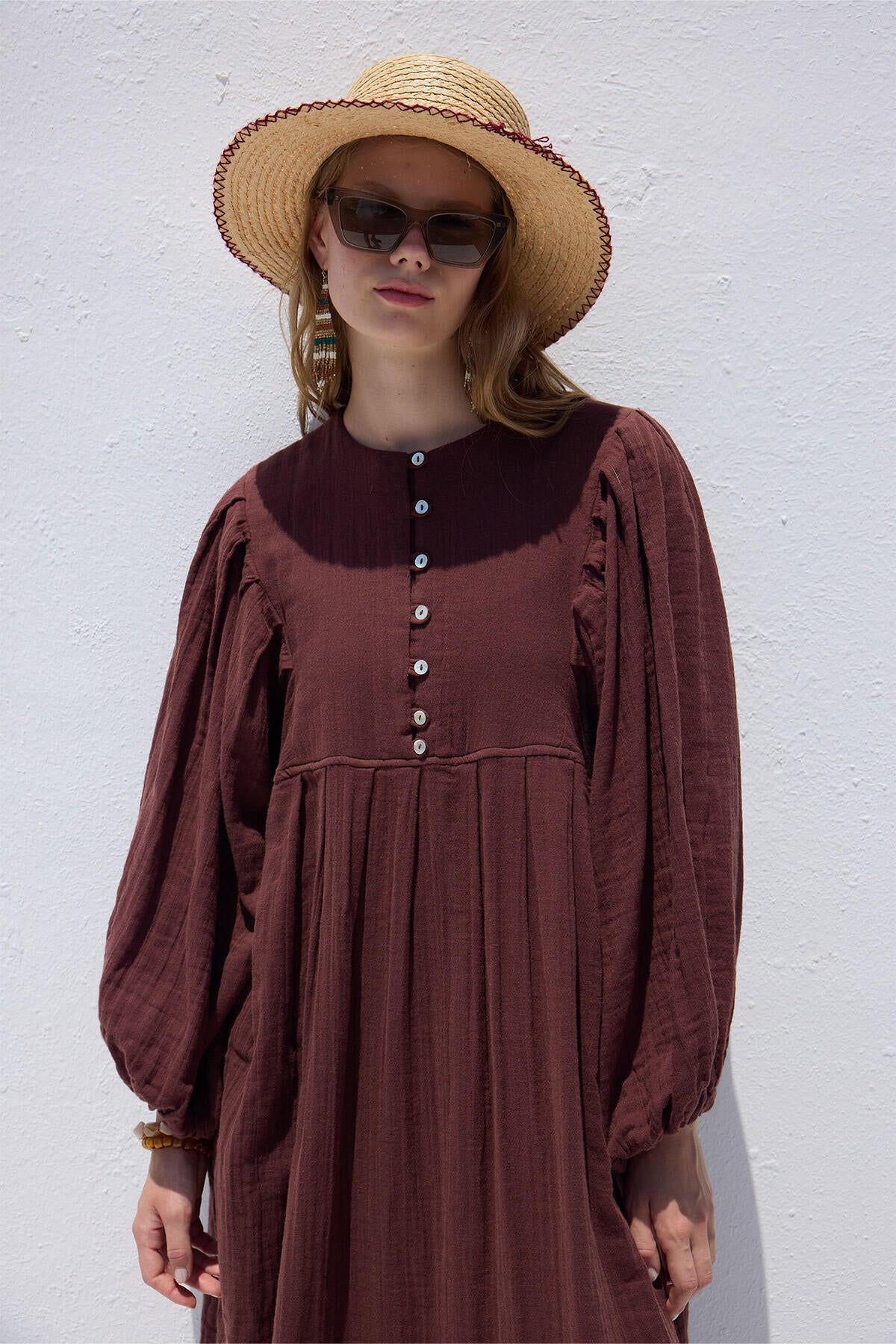 Pleated Muslin Dress Burgundy - Image 4