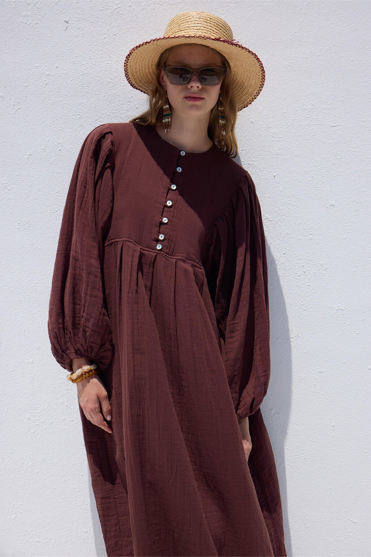 Pleated Muslin Dress Burgundy - Image 5
