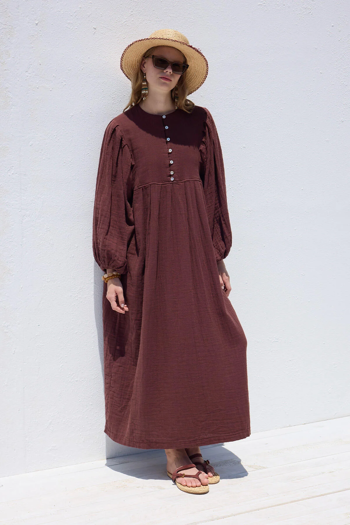 Pleated Muslin Dress Burgundy - Image 6