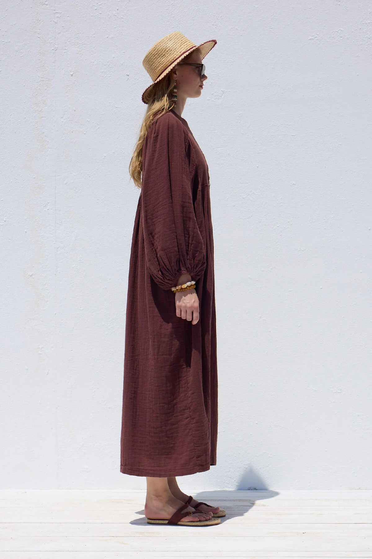 Pleated Muslin Dress Burgundy - Image 7
