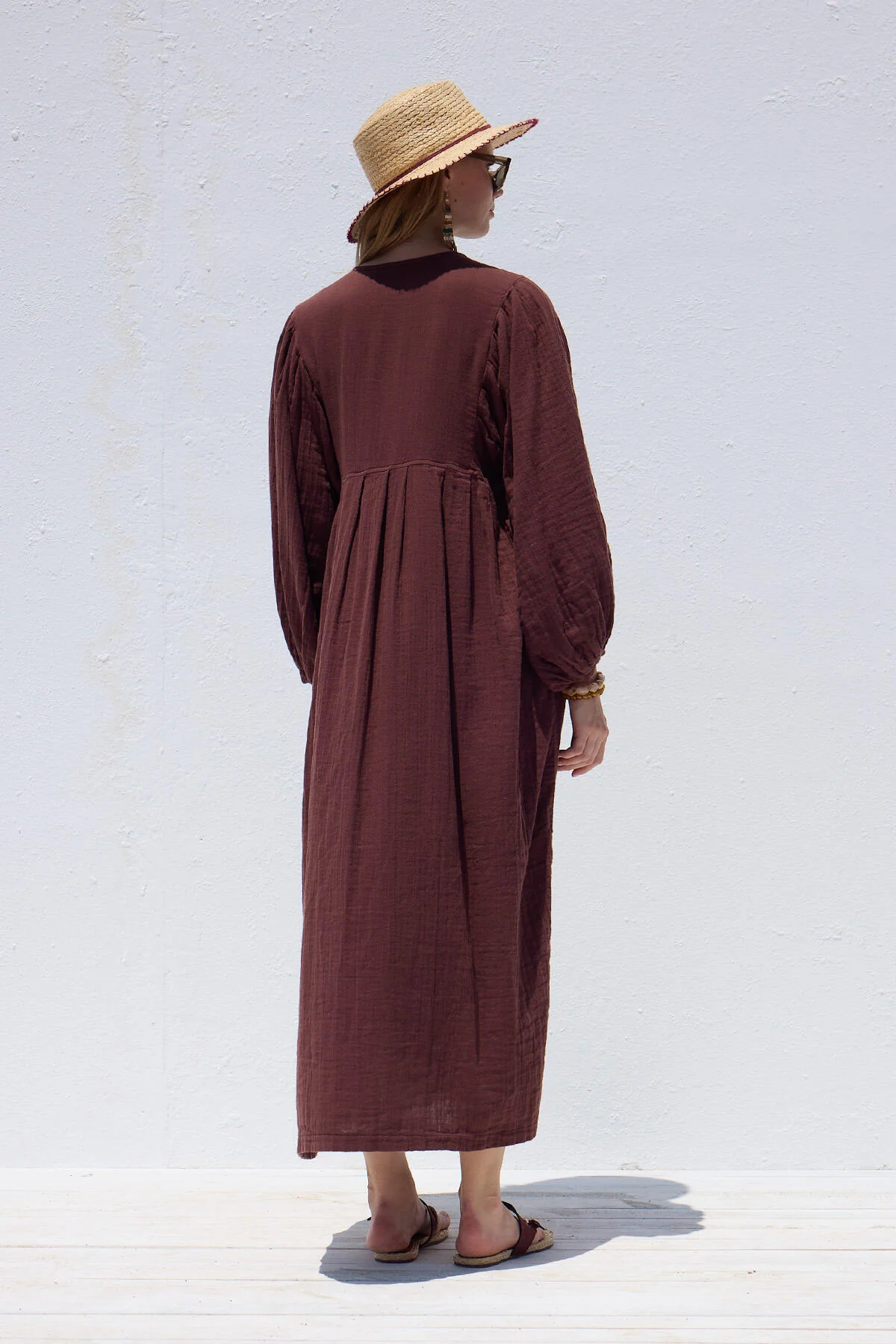 Pleated Muslin Dress Burgundy - Image 8