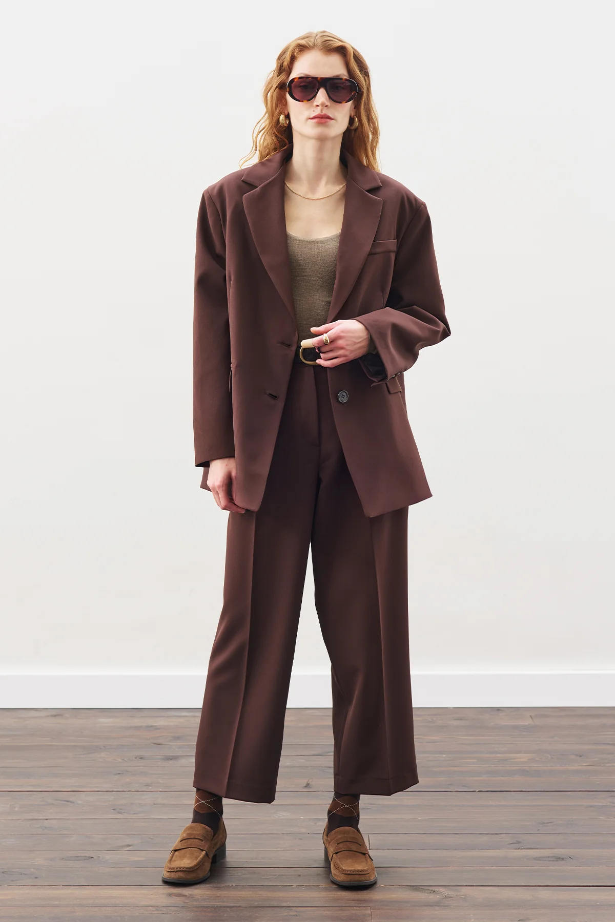 Pleated Straight Trousers Dark Brown - Image 2