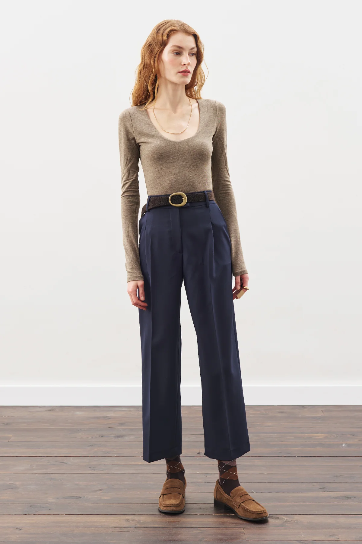 Pleated Straight Trousers Navy Blue - Image 2