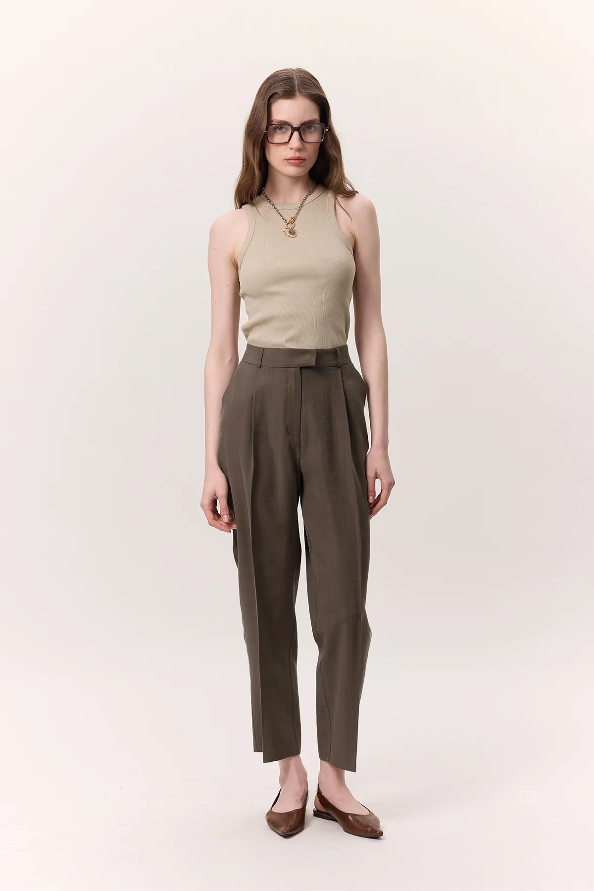 Pleated Tencel Trousers Brown - Image 4