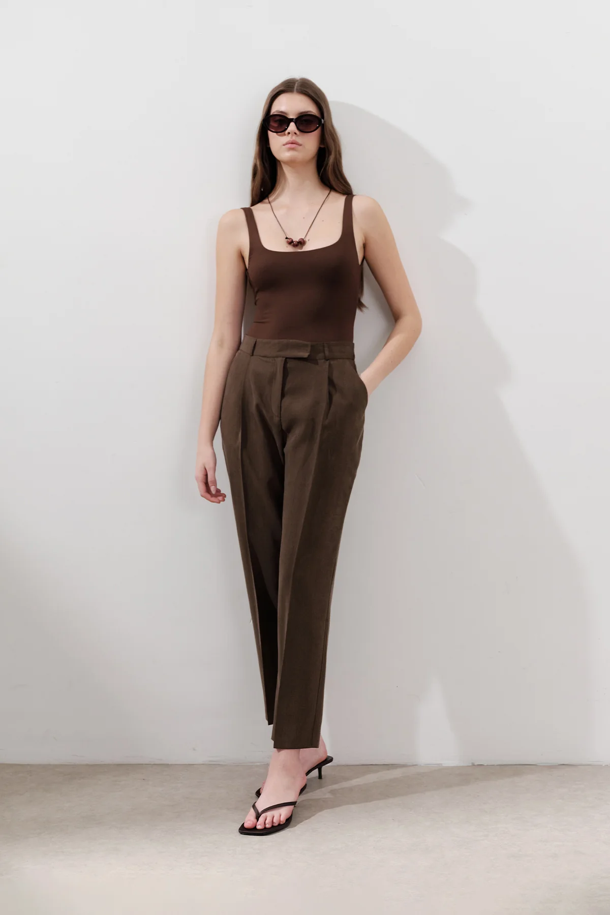 Pleated Tencel Trousers Dark Brown - Image 7