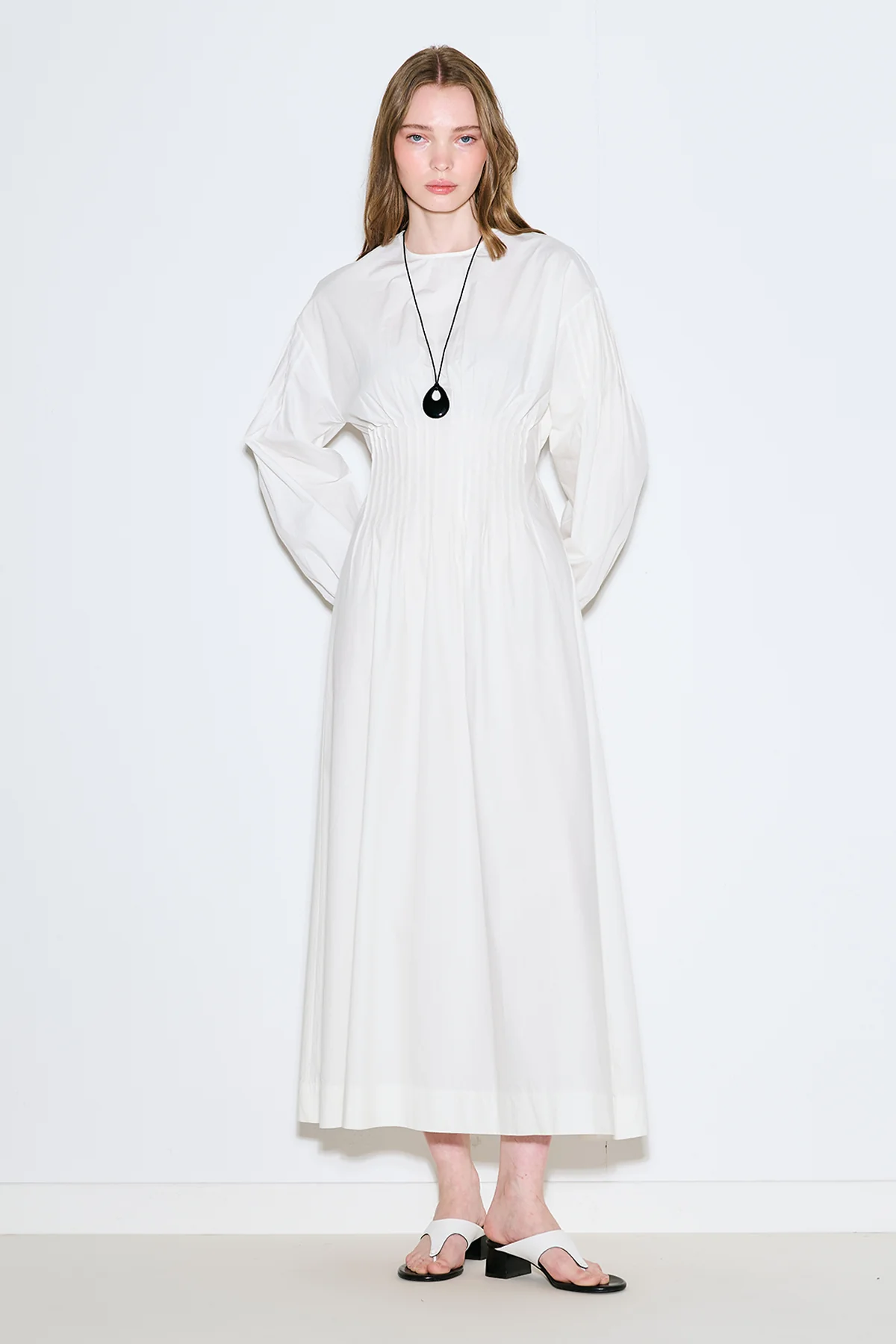 Pleated Waist Dress Ecru - Image 3