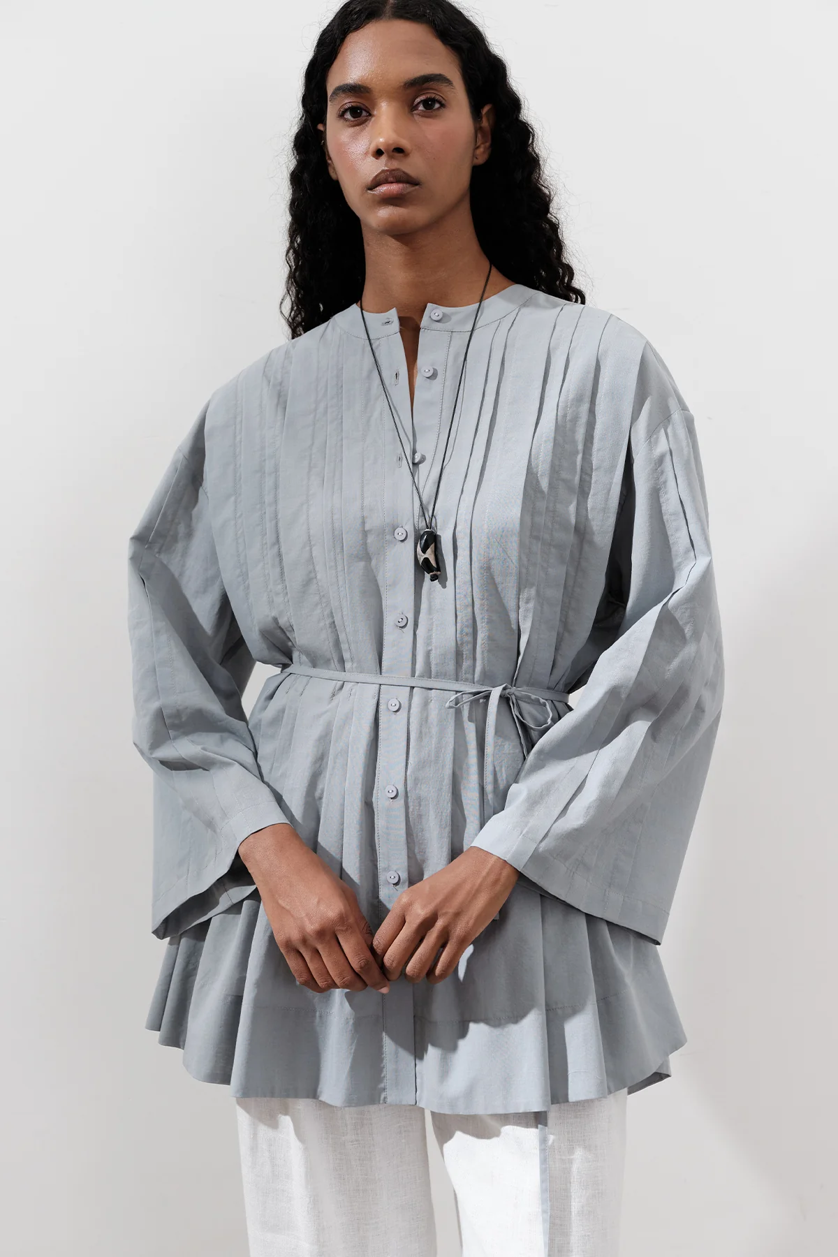 Pleated Wide-Sleeve Tunic Blue - Image 2