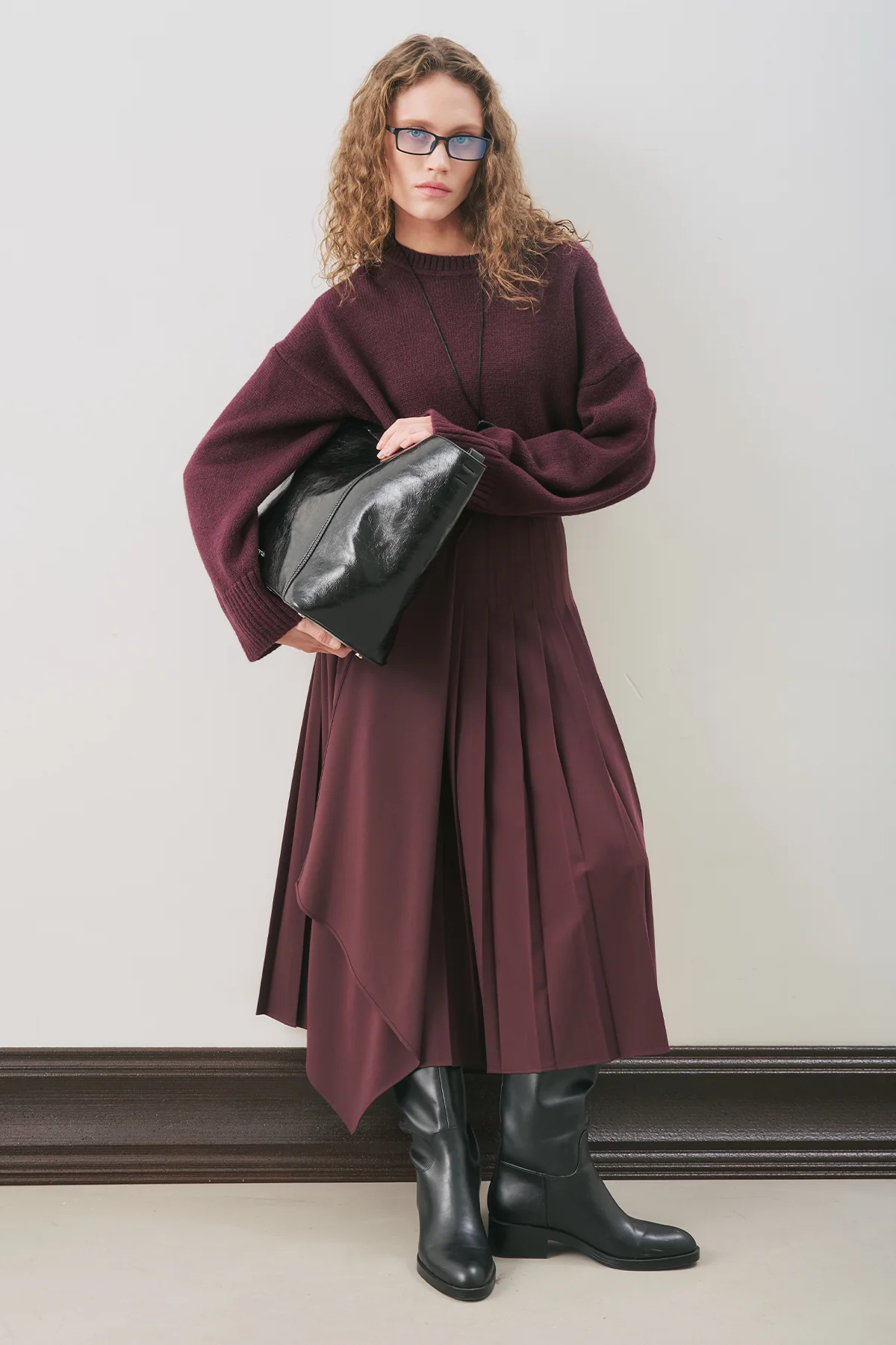 Pleated Wrap Skirt Burgundy