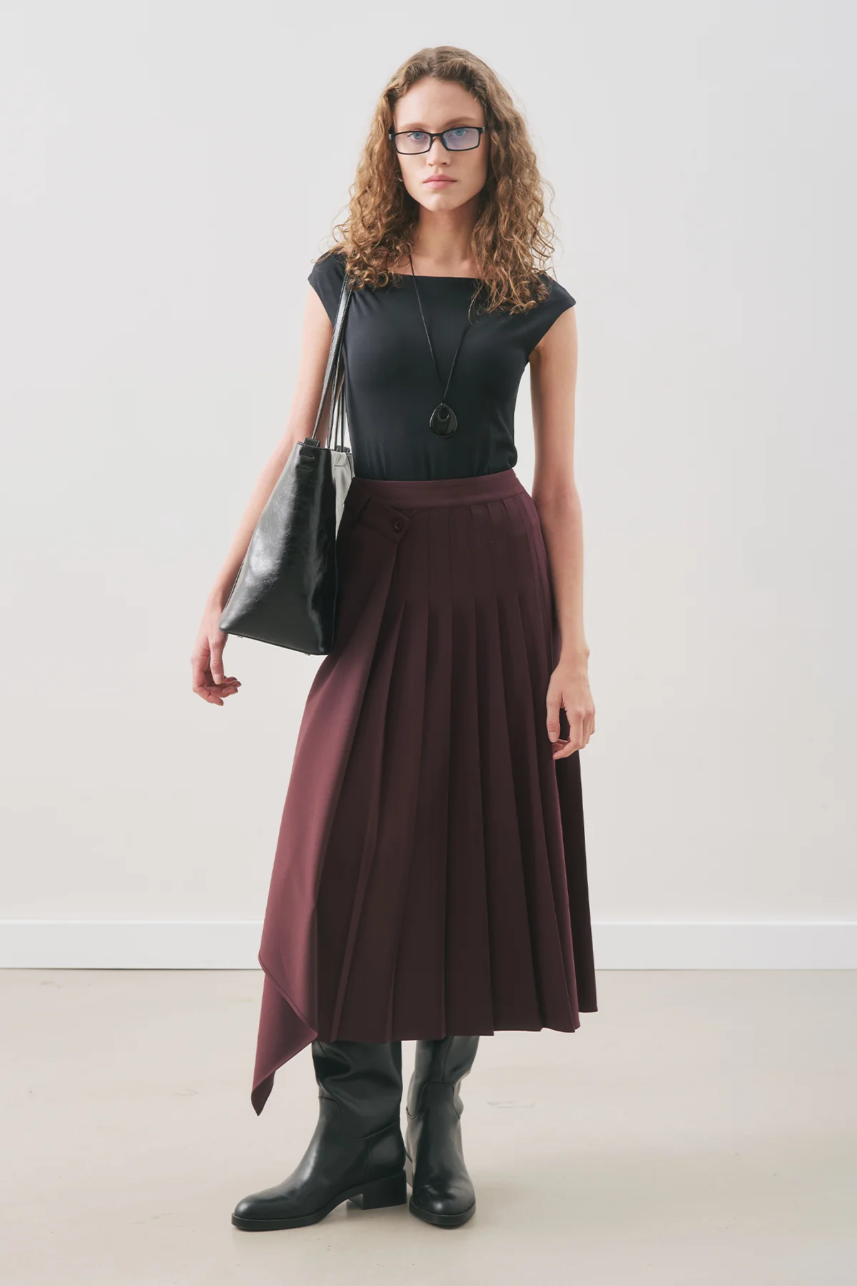 Pleated Wrap Skirt Burgundy - Image 3
