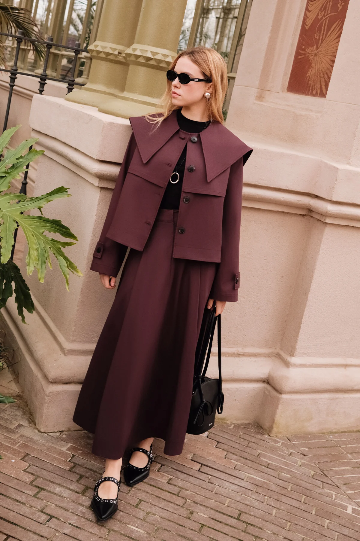 Pocket-Detail Wide Skirt Damson