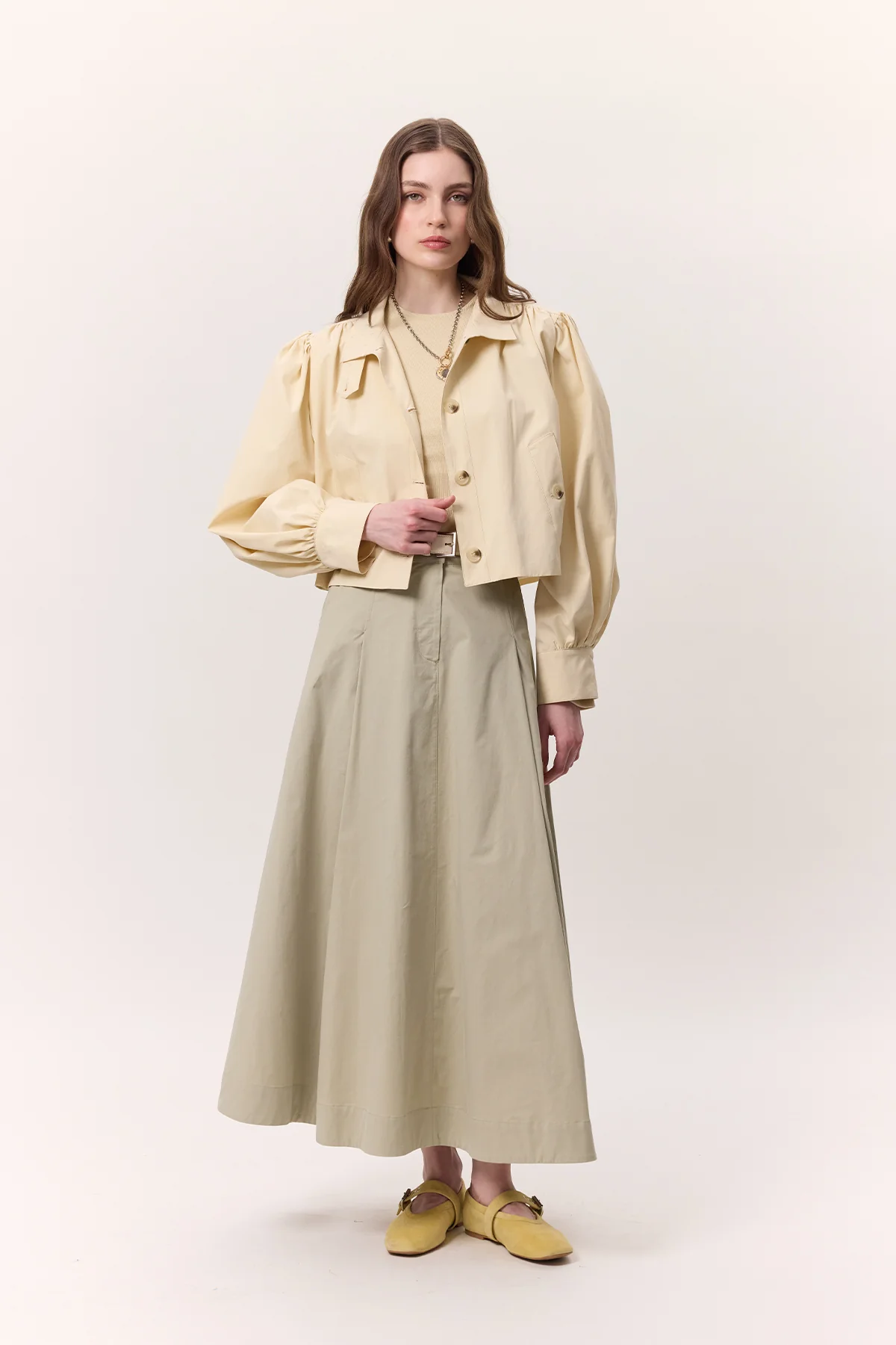 Pocket-Detail Wide Skirt Soft Green